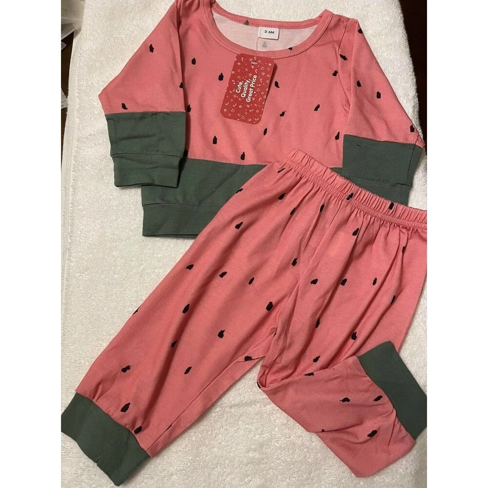 (P1) New 3-6 PatPat Pink and Green Watermelon Pants Set